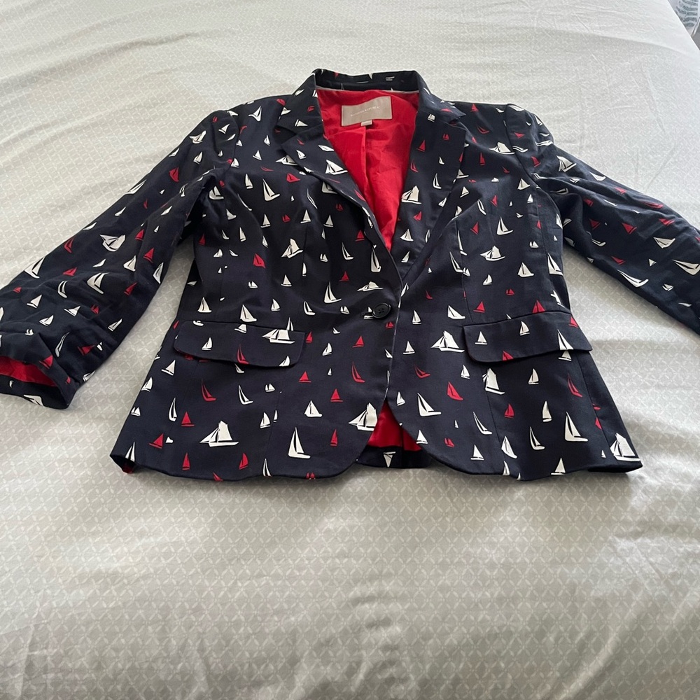 Banana Republic Women's Blazer - Black with Red and White Sailboat Print